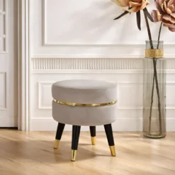 Sgabello Basso Velluto Grigio Chiaro Finiture Oro Pouf Salotto Camera