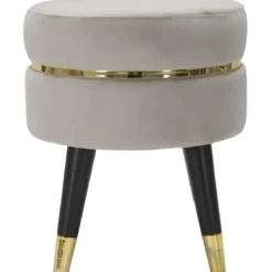 Sgabello Basso Velluto Grigio Chiaro Finiture Oro Pouf Salotto Camera