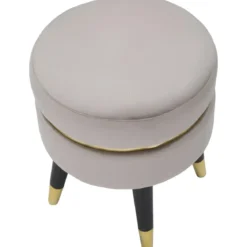 Sgabello Basso Velluto Grigio Chiaro Finiture Oro Pouf Salotto Camera