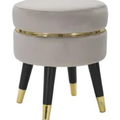Sgabello Basso Velluto Grigio Chiaro Finiture Oro Pouf Salotto Camera