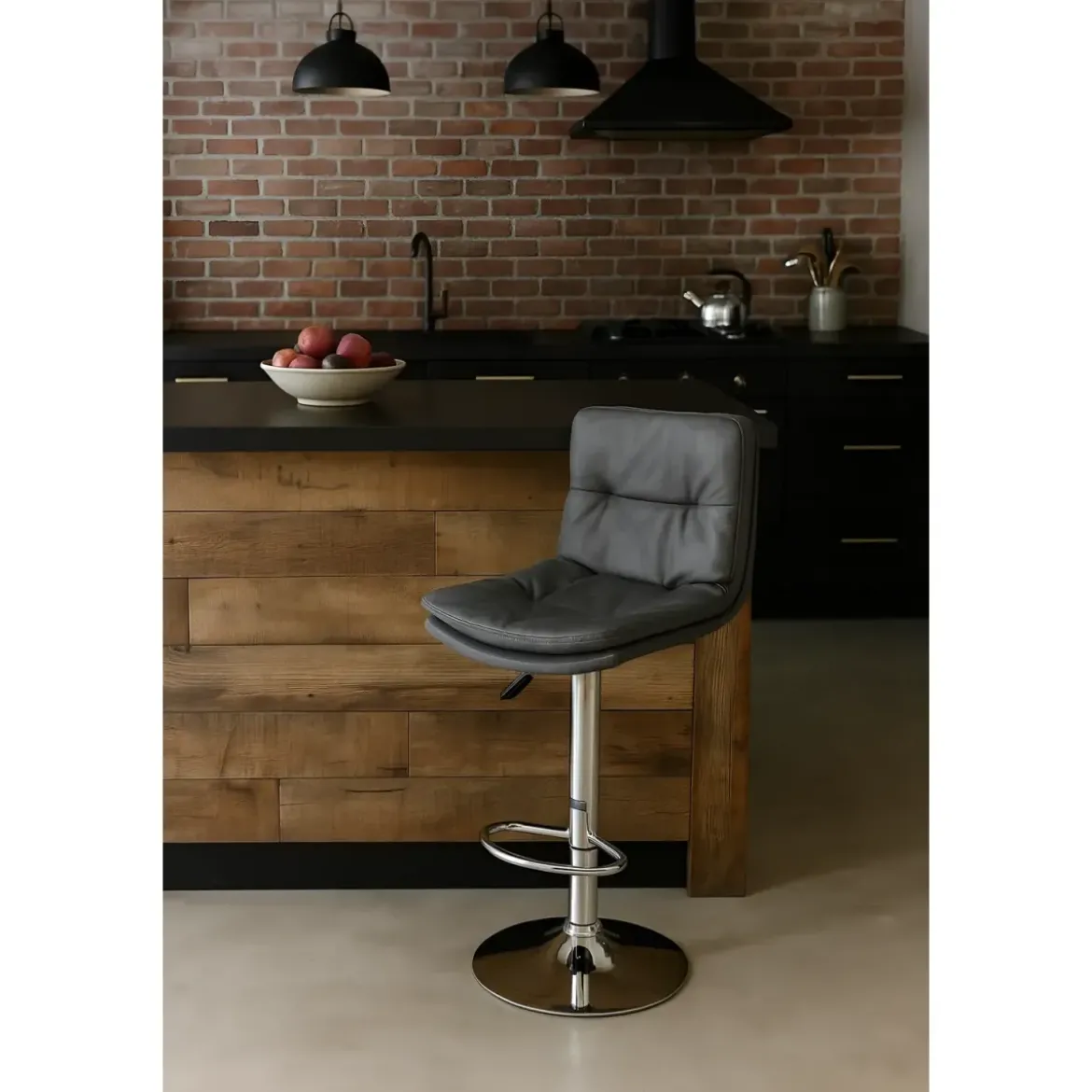 Sgabello con Seduta in Ecopelle Grigio Gamba in Metallo Inox Regolabile