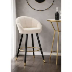 Sgabello da Bar Seduta in Velluto Crema con Gambe in Legno Nero Oro