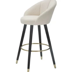 Sgabello da Bar Seduta in Velluto Crema con Gambe in Legno Nero Oro