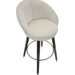 Sgabello da Bar Seduta in Velluto Crema con Gambe in Legno Nero Oro