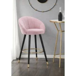 Sgabello da Bar Seduta in Velluto Rosa con Gambe in Legno Nero Oro