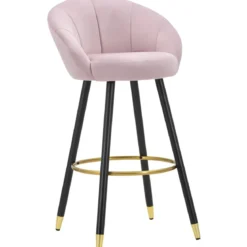 Sgabello da Bar Seduta in Velluto Rosa con Gambe in Legno Nero Oro