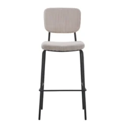 Sgabello Imbottito in Tessuto a Coste Beige Struttura in Metallo Nero