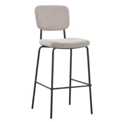 Sgabello Imbottito in Tessuto a Coste Beige Struttura in Metallo Nero