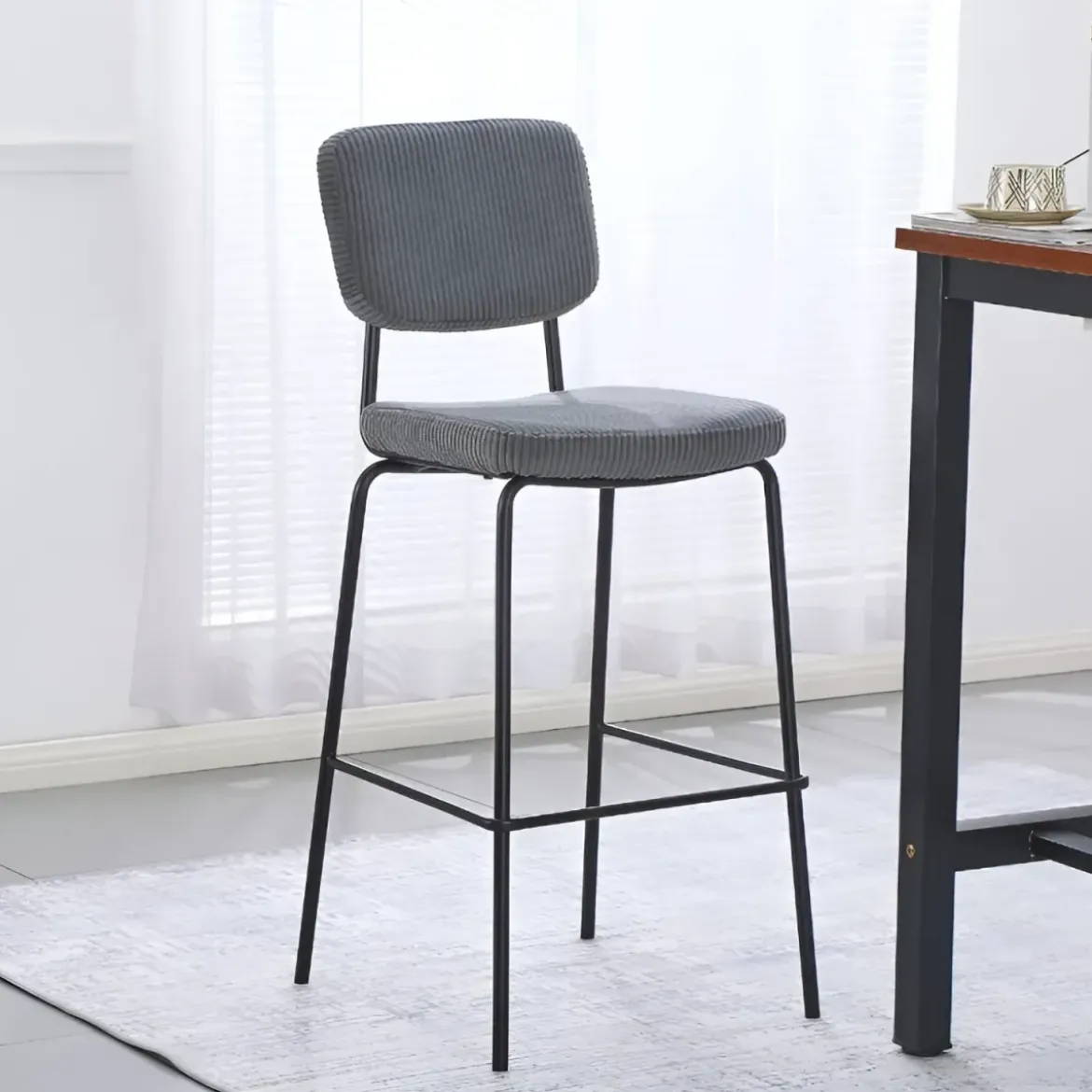 Sgabello Imbottito in Tessuto Grigio Scuro Struttura in Metallo Nero
