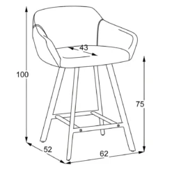 Sgabello Imbottito in Tessuto Tortora con Gambe in Metallo Nero