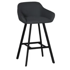 Sgabello Imbottito in Tessuto Grigio Scuro con Gambe in Metallo Nero