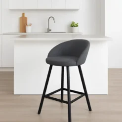 Sgabello Imbottito in Tessuto Grigio con Gambe in Metallo Nero