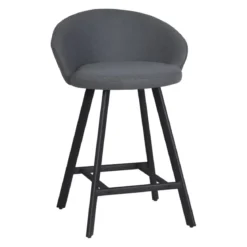 Sgabello Imbottito in Tessuto Grigio con Gambe in Metallo Nero