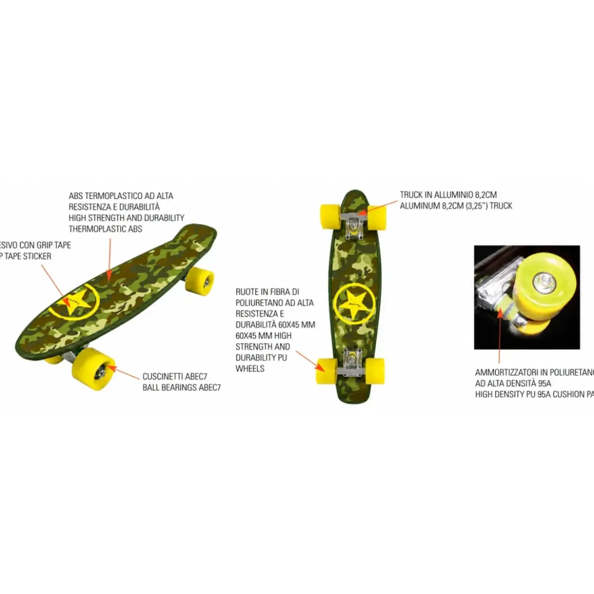 Skateboard 57x15 Verde Militare ABS Termoplastico con Cuscinetti ABEC7