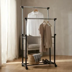 Stand Appendiabiti Doppio in Metallo Verniciato Nero 85x44x90/160 cm
