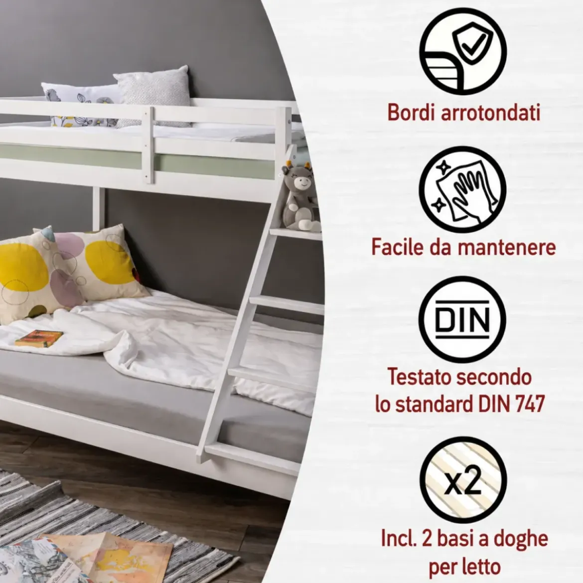 Struttura Letto a Castello 90x200 e 140x200 cm in Legno Bianco