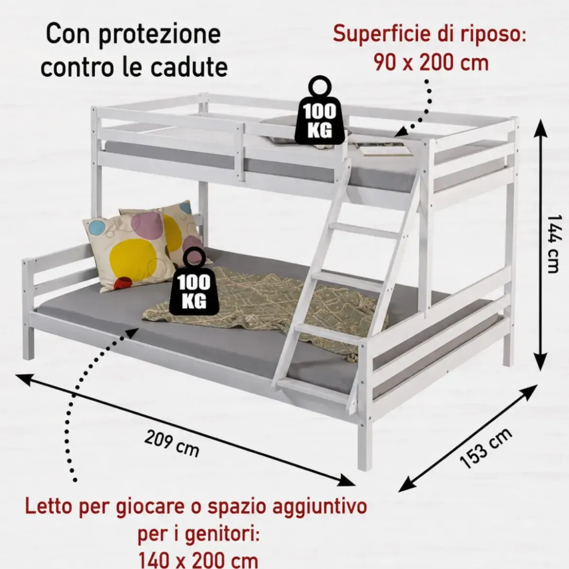 Struttura Letto a Castello 90x200 e 140x200 cm in Legno Bianco