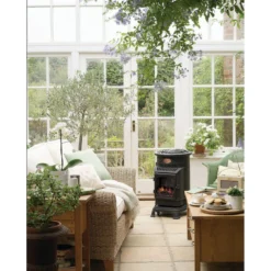 Stufa a Gas 3.4 Kw Effetto Camino Fiamma Vera Nero Matt con Controllo Calore