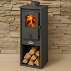 Stufa a Legna 5.3 kW Acciaio Antracite Piastra in Ghisa e Portalegna
