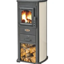 Stufa a Legna 5kW Beige Compatta Piastra Ghisa Vano Legna da Interno