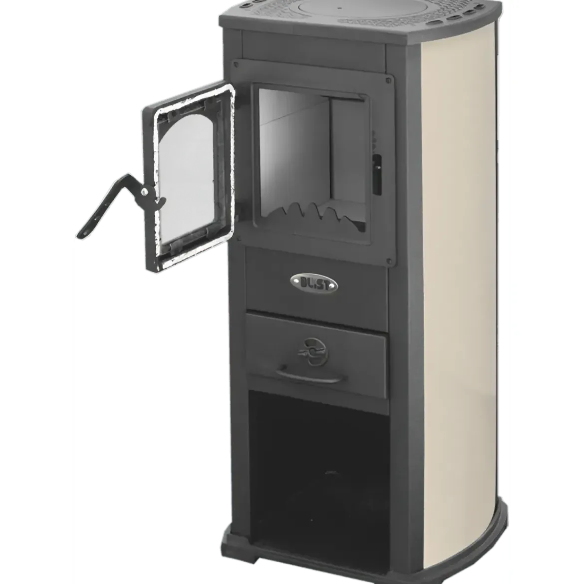 Stufa a Legna 5kW Beige Compatta Piastra Ghisa Vano Legna da Interno