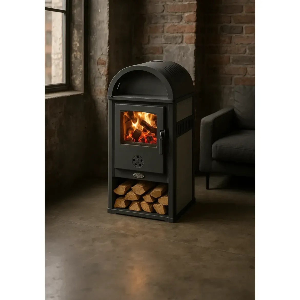 Stufa a Legna 8kW Beige con Vano Legna Maniglia Anti-Scottatura Ghisa