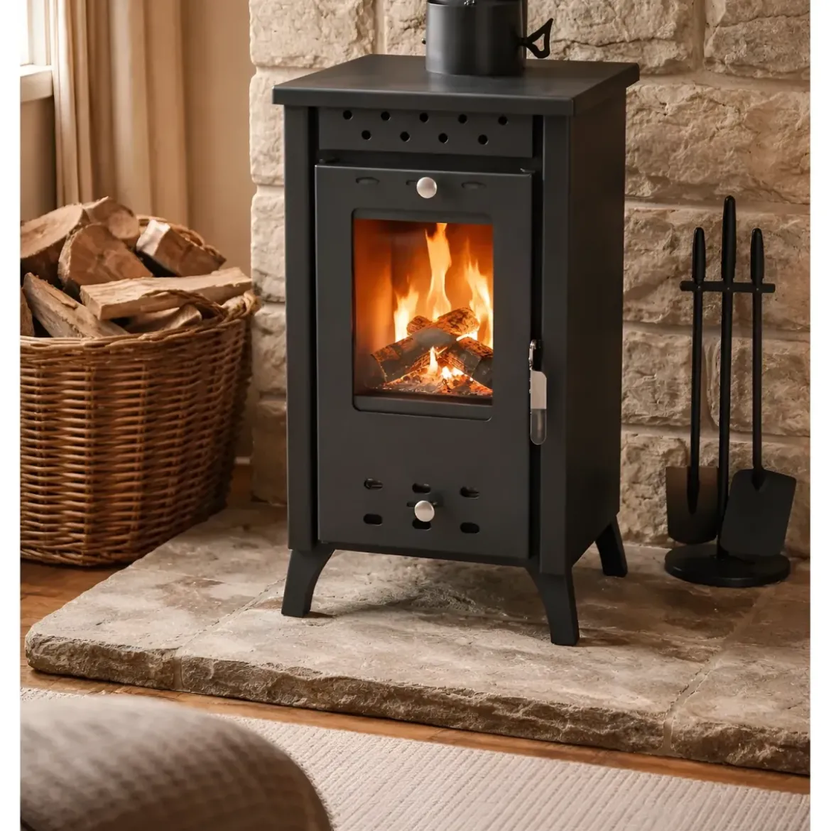 Stufa a Legna 7,7 kW in Acciaio Nero con Vetro Compatta per Interni