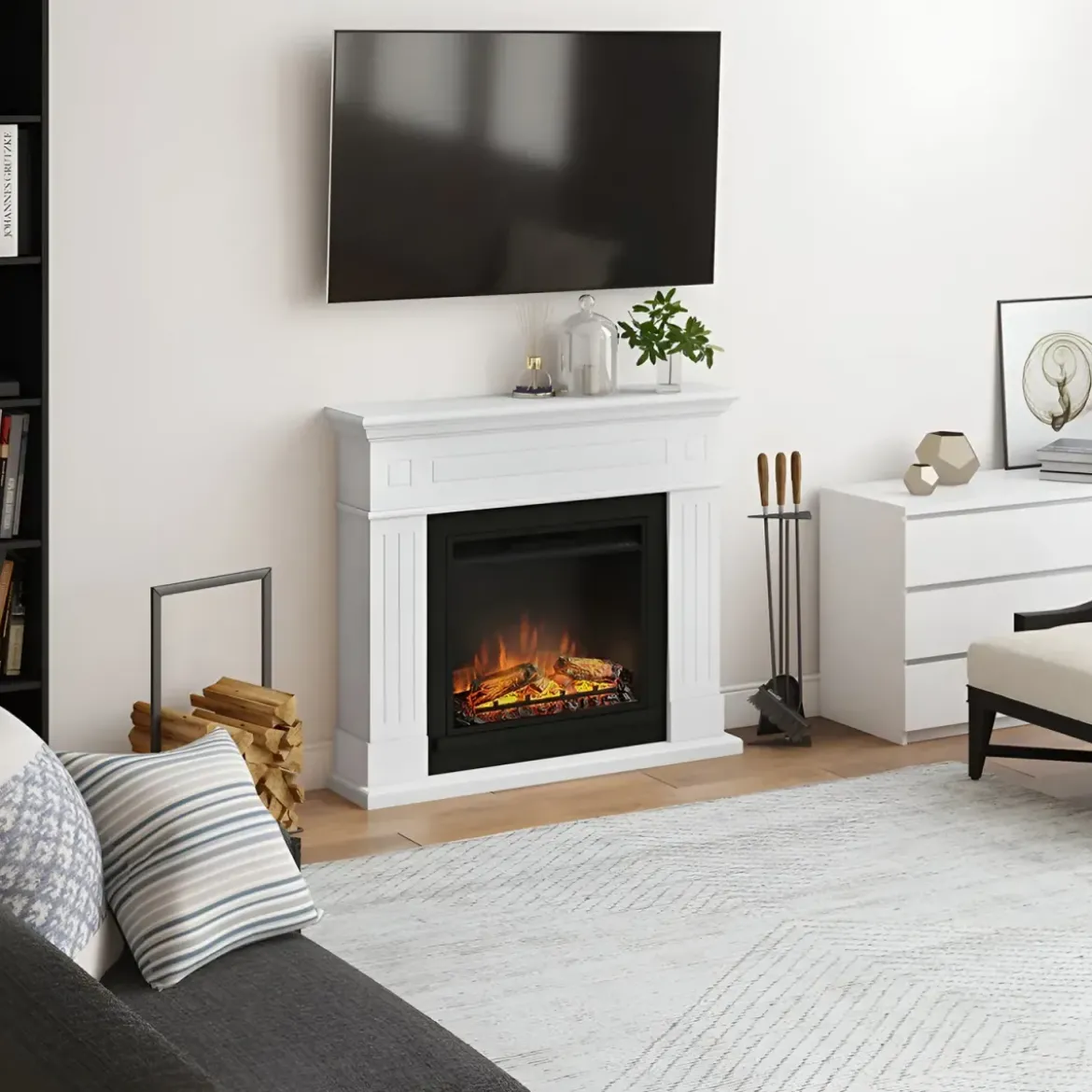 Tagu Larsen Camino Elettrico Fiamma Led Cornice in Legno Bianco