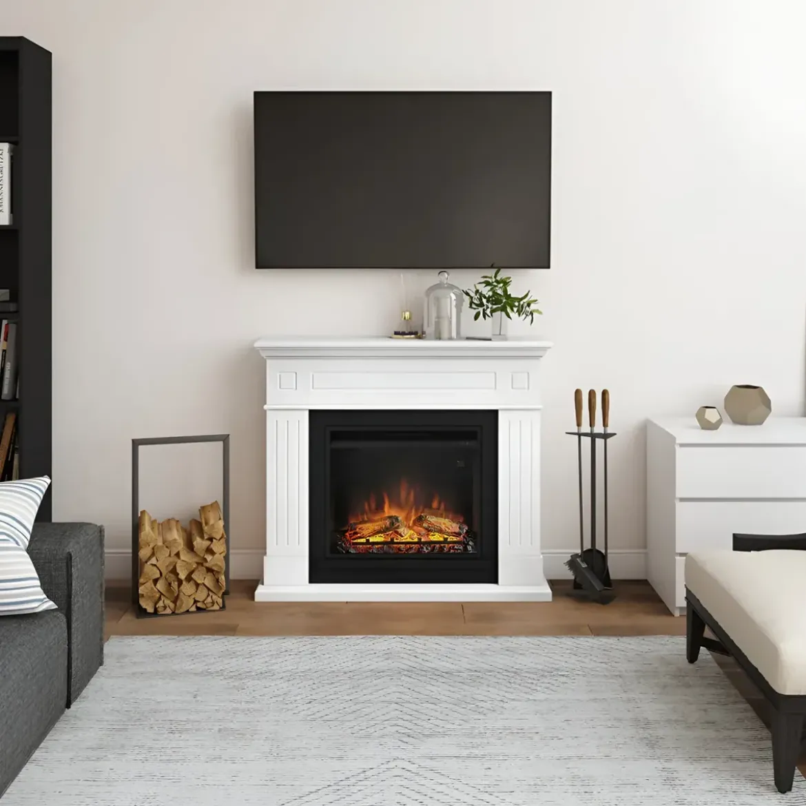 Tagu Larsen Camino Elettrico Fiamma Led Cornice in Legno Bianco
