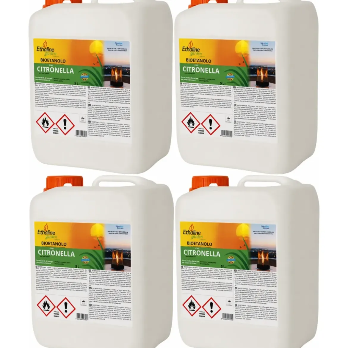 4 Taniche 5L Bioetanolo con Citronella per Biocamini da Esterno