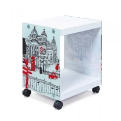 Tavolino con Ruote Comodino Bianco con Decorazione Vetro Serigrafato