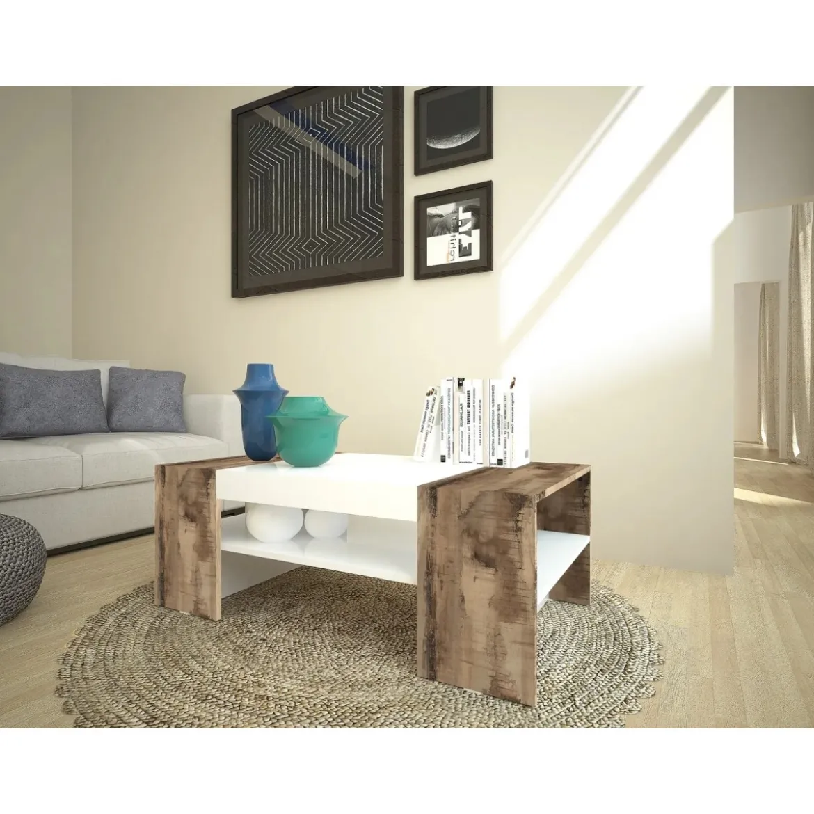 Tavolino da Caffè 110cm Bianco/Acero Rettangolare Basso da Soggiorno
