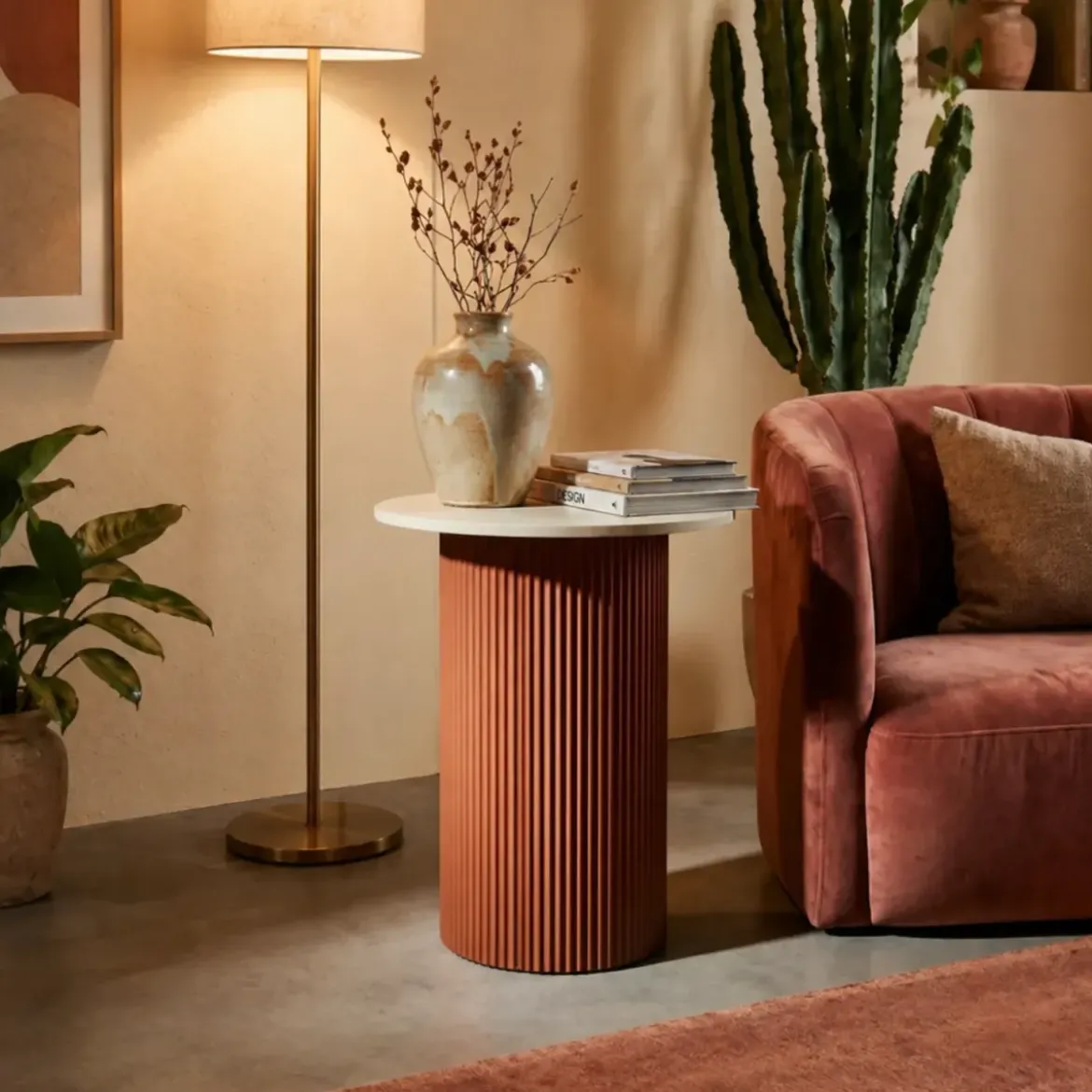 Tavolino da Caffè 53 cm Metallo Piano MDF Marmo Sintetico Rosso Bianco