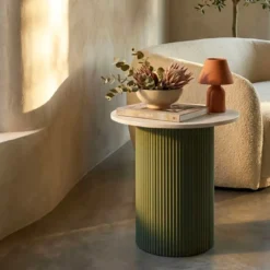 Tavolino da Caffè 45 cm Metallo Piano MDF Marmo Sintetico Verde Bianco
