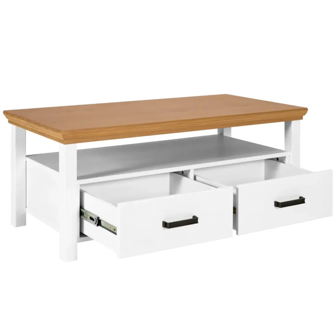 Tavolino da Caffè da Salotto in Legno Bianco Rovere 2 Cassetti Ripiano