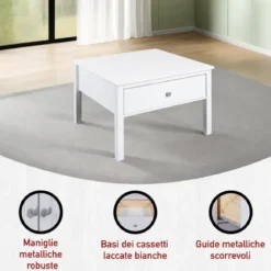 Tavolino da Caffè Quadrato 70x70 da Salotto in Legno Bianco con Cassetto
