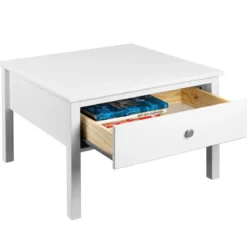 Tavolino da Caffè Quadrato 70x70 da Salotto in Legno Bianco con Cassetto