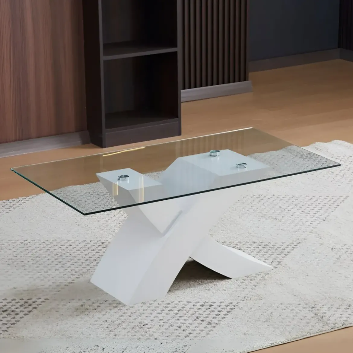 Tavolino in Vetro Temperato 110x60x45 cm Struttura Incrociata Bianca