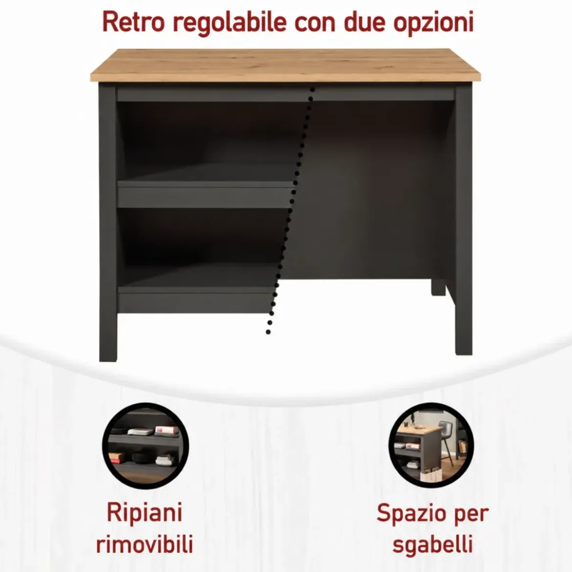 Tavolo Bar da Cucina Antracite Rovere Isola 1 Anta Cassetti Soft-Close