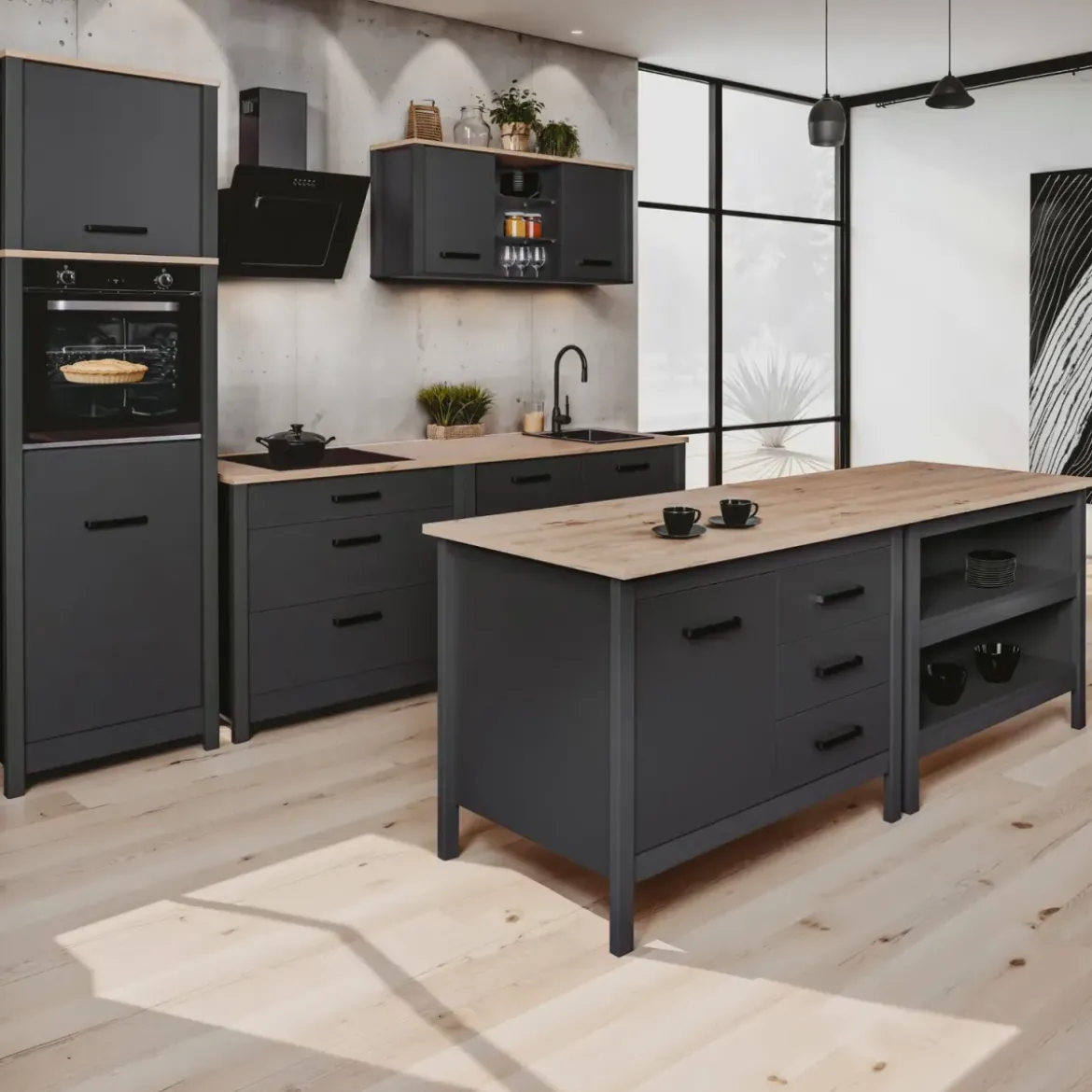 Tavolo Bar da Cucina Antracite Rovere Isola 1 Anta Cassetti Soft-Close