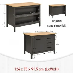 Tavolo Bar da Cucina Antracite Rovere Isola 1 Anta Cassetti Soft-Close