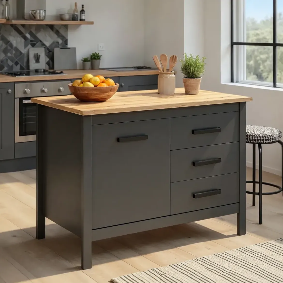 Tavolo Bar da Cucina Antracite Rovere Isola 1 Anta Cassetti Soft-Close