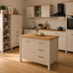 Tavolo Bar da Cucina Beige Rovere Isola con Anta Cassetti Soft-Close