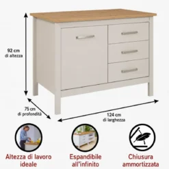 Tavolo Bar da Cucina Beige Rovere Isola con Anta Cassetti Soft-Close