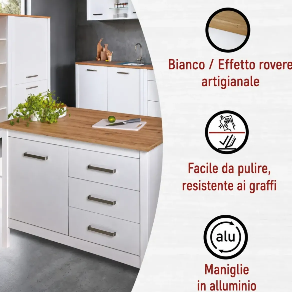 Tavolo Bar da Cucina Bianco Rovere Isola con Anta Cassetti Soft-Close