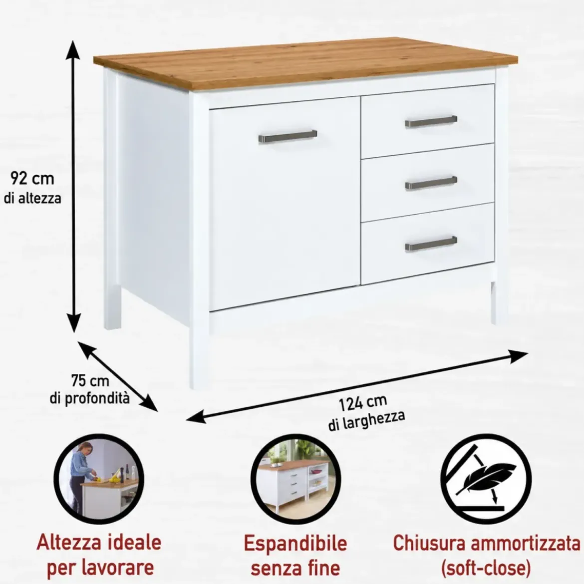 Tavolo Bar da Cucina Bianco Rovere Isola con Anta Cassetti Soft-Close