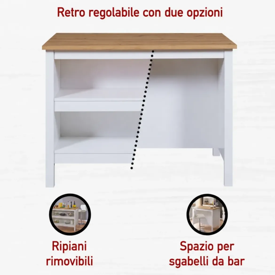 Tavolo Bar da Cucina Bianco Rovere Isola con Anta Cassetti Soft-Close