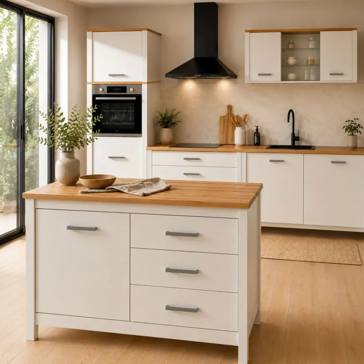 Tavolo Bar da Cucina Bianco Rovere Isola con Anta Cassetti Soft-Close