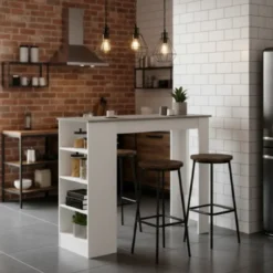 Tavolo Consolle Alto Isola Cucina con 3 Ripiani Bianco Cemento 112 cm