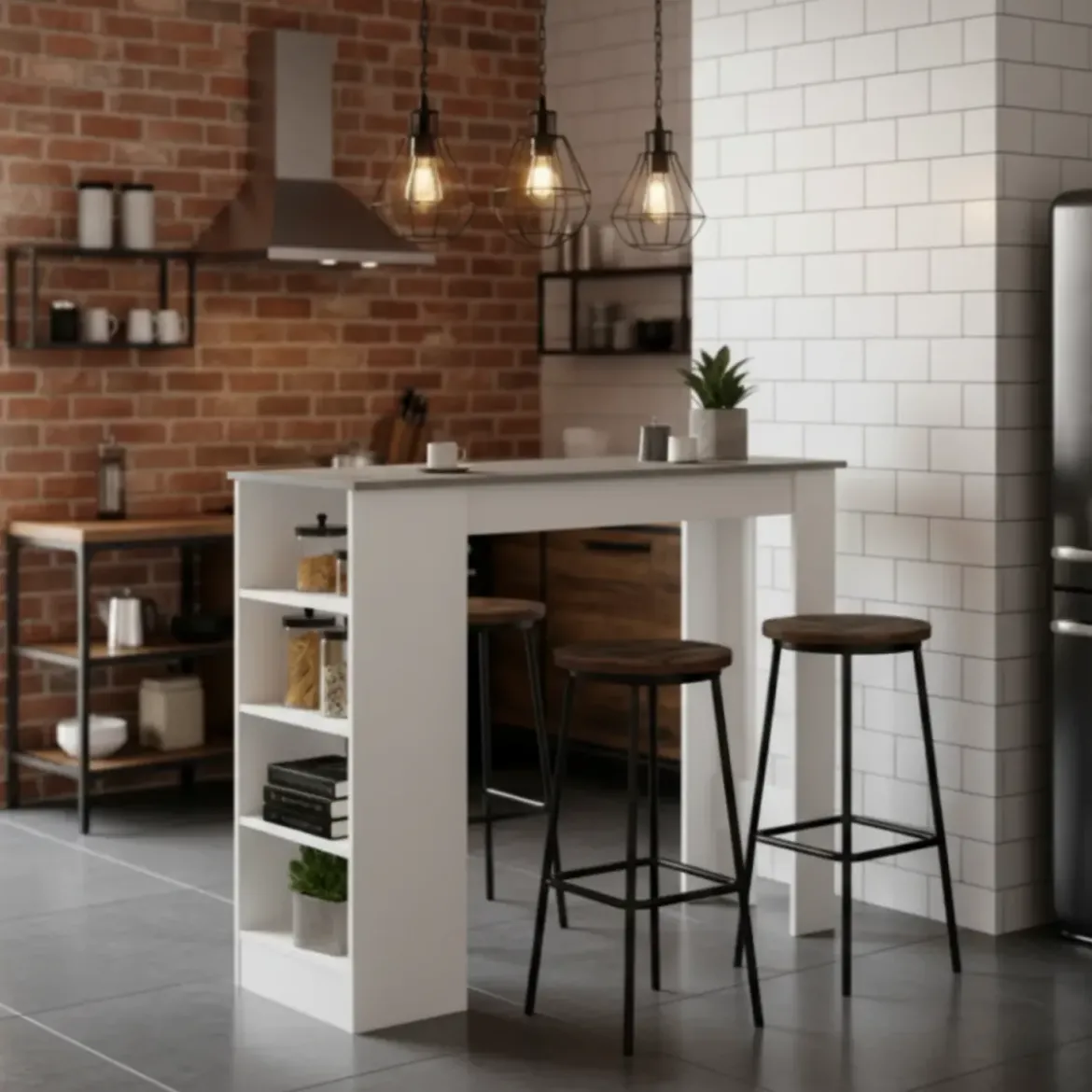 Tavolo Consolle Alto Isola Cucina con 3 Ripiani Bianco Cemento 112 cm